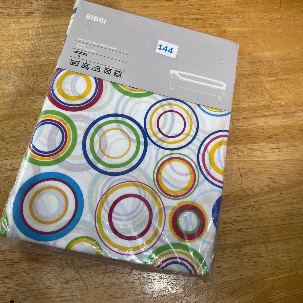 IKEA Bibbi Fitted Sheet Queen Multicolor Vtg 2005 Circle Pattern Caroline Jessen
